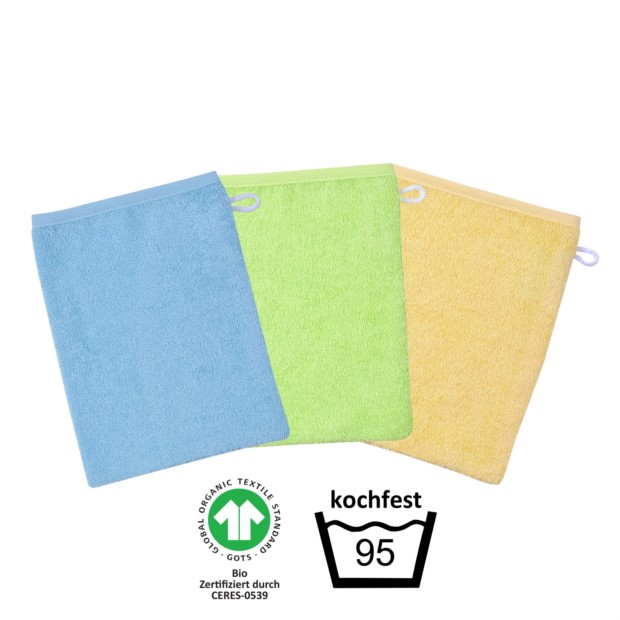 GOTS kochfest blau Waschhandschuh 3er Pack 15/21